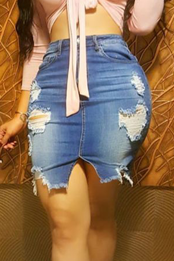 

Lovely Broken Holes Dark Blue Denim Dress