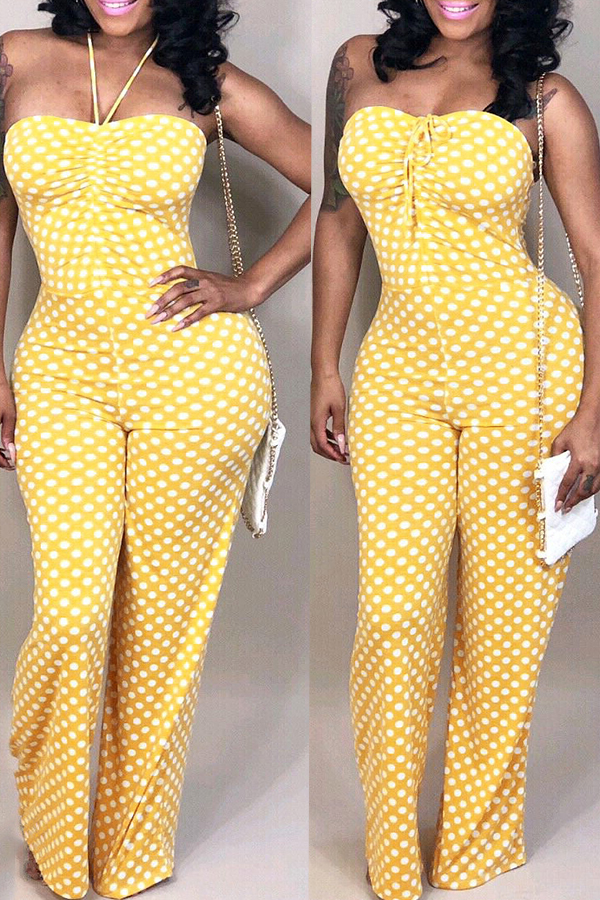 

Lovely Casual Halter Neck Dots Printed Yellow Jumpsuit(With Elastic)