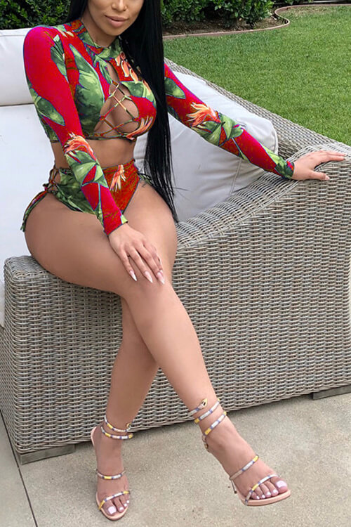

Lovely Sexy Printed Hollow-out Red Two-piece Swimwear