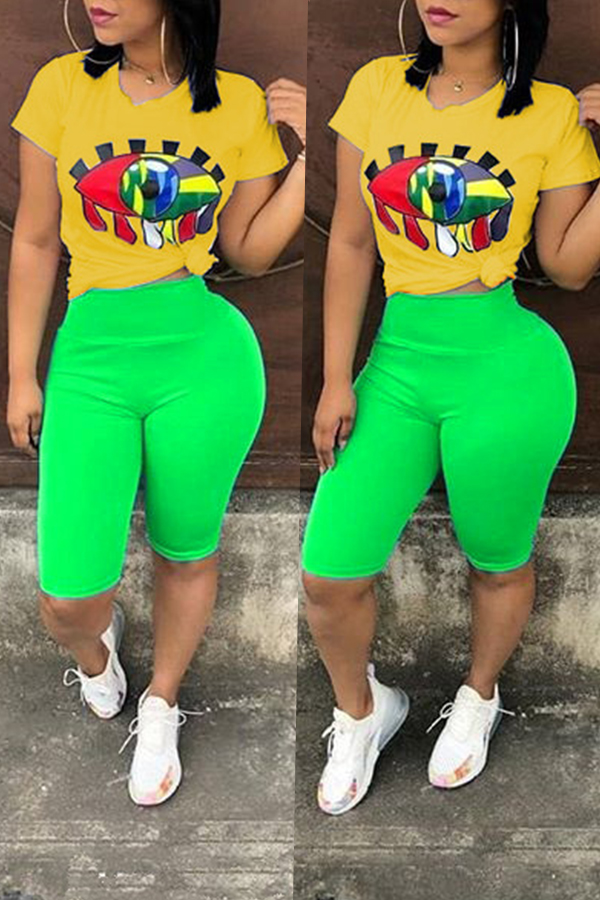 

Lovely Casual Big Eye Printed Yellow Two-piece Shorts Set