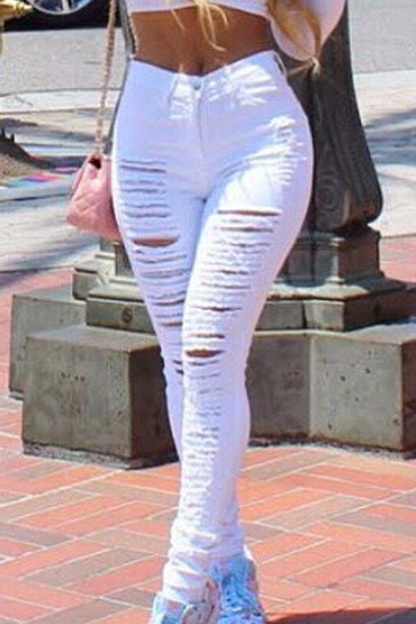 

Lovely Leisure High Waist Broken Holes White Jeans
