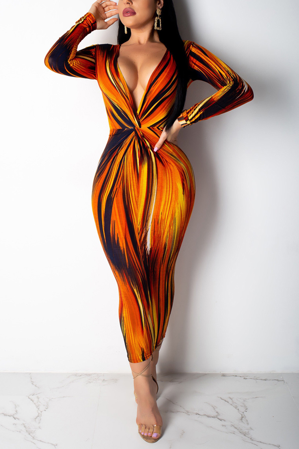 

Lovely Sexy Deep V Neck Printed Orange Dress(With Elastic)