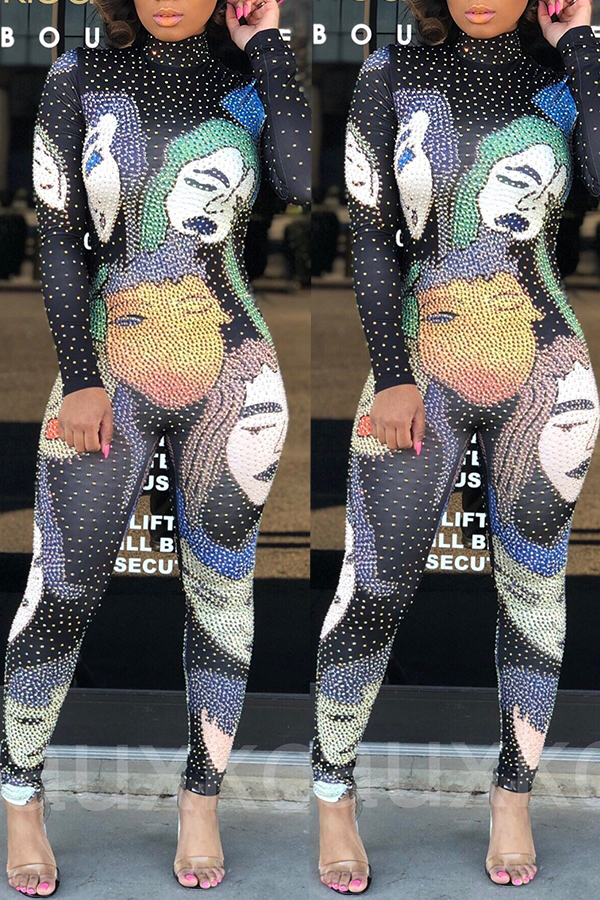 

Lovely Leisure Print Black Skinny Jumpsuit(With Elastic)