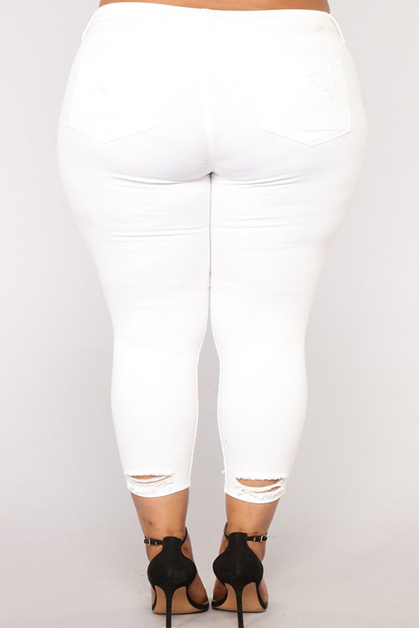 Lovely Casual Broken Holes White Jeans_Plus Size Jeans_Plus Size ...