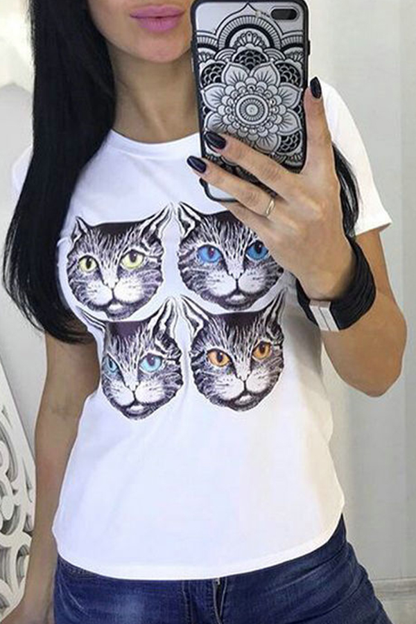 

Lovely Casual Cat Printed White T-shirt