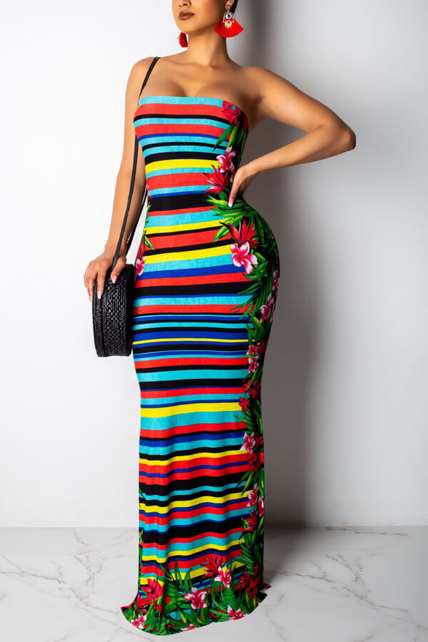 

Lovely Off The Shoulder Striped Floor Length Dress(With Elastic, Multi