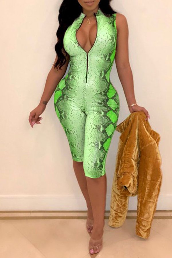 

Lovely Sexy Printed Green Twilled Satin One-piece Rompers