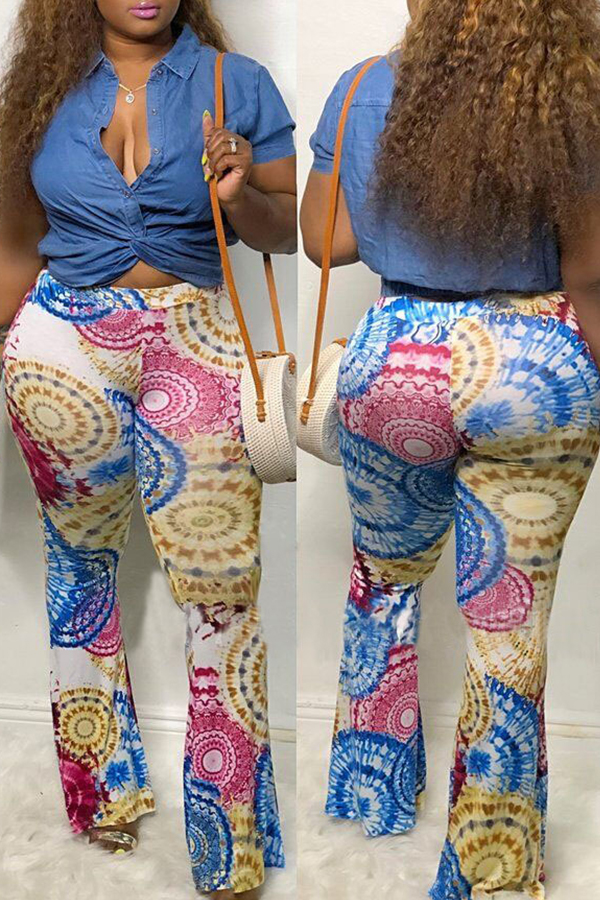 

Lovely Casual Elastic Waist Printed Blue Pants(With Elastic)