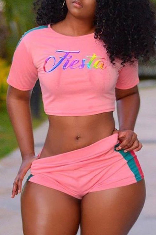 

Lovely Casual Letter Printed Light Pink Two-piece Shorts Set