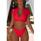 Lovely Casual Zipper Design Red Two-piece Swimwear
