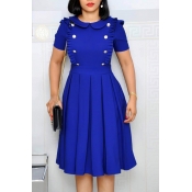 Lovely Sweet Ruffle Design Blue Knee Length Dress