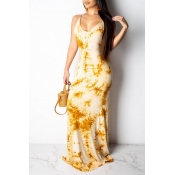 Lovely Sweet Backless Yellow Floor Length Printed 