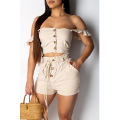 Lovely Casual Buttons Decorative Khaki Two-piece S