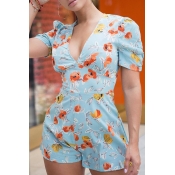 Lovely Sweet Floral Printed Baby Blue One-piece Ro