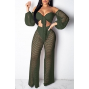 Lovely Casual Hollowed-out Army Green Two-piece Pa