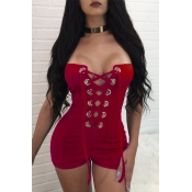 Lovely Casual Bandage Design Red One-piece Rompers