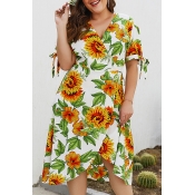 Lovely Plus-size Floral Printed White Mid Calf Dre