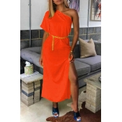 Lovely Casual One Shoulder Orange Mid Calf Dress(W