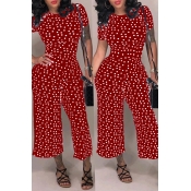 Lovely Fashion Dots Printed Red Jumpsuit(With Elas