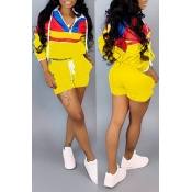 Lovely Casual Patchwork Yellow Two-piece Shorts Se