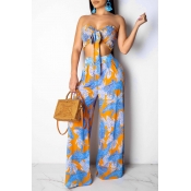 Lovely Printed Backless Blue Two-pieces Pants Set