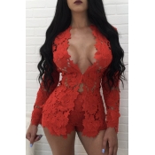 Lovely Sexy Hollow-out Red Two-piece Shorts Set