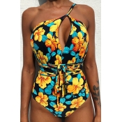 Lovely Floral Print Backless Yellow One-piece Swim