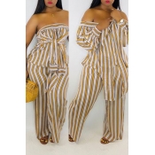 Lovely Dew Shoulder Striped Yellow Two-piece Pants