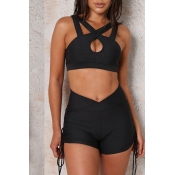 Lovely Sexy Hollow-out Black Two-piece Shorts Set