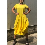 Lovely Casual O Neck Asymmetrical Yellow Maxi Dres