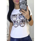 Lovely Casual Cat Printed White T-shirt