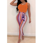 Lovely Casual Striped Skinny Orange One-piece Jump
