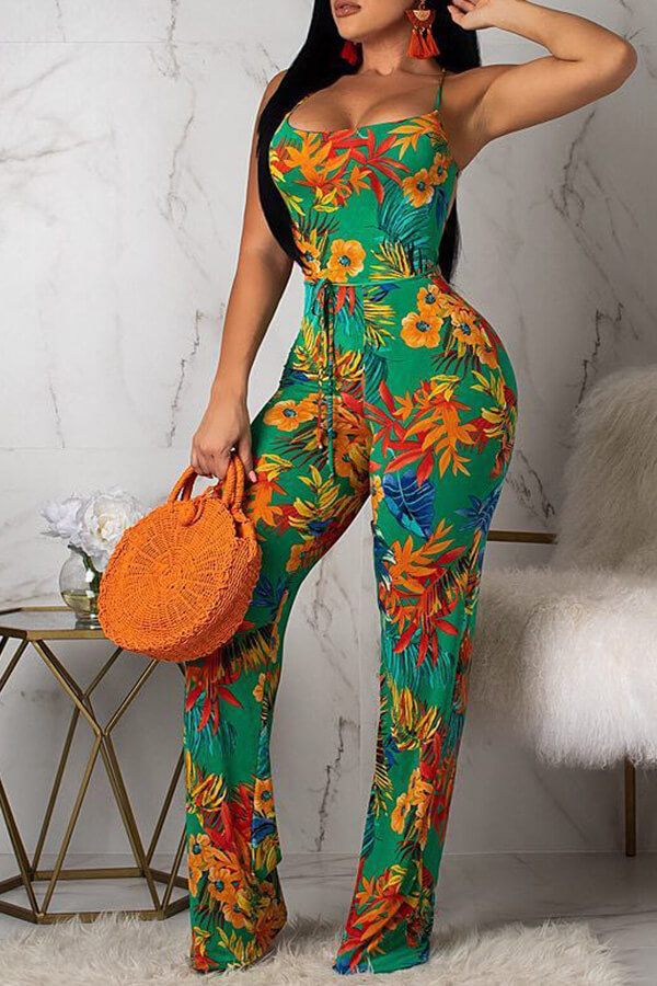 

Lovely Bohemian Printed Backless Green One-piece Jumpsuit(Nonelastic