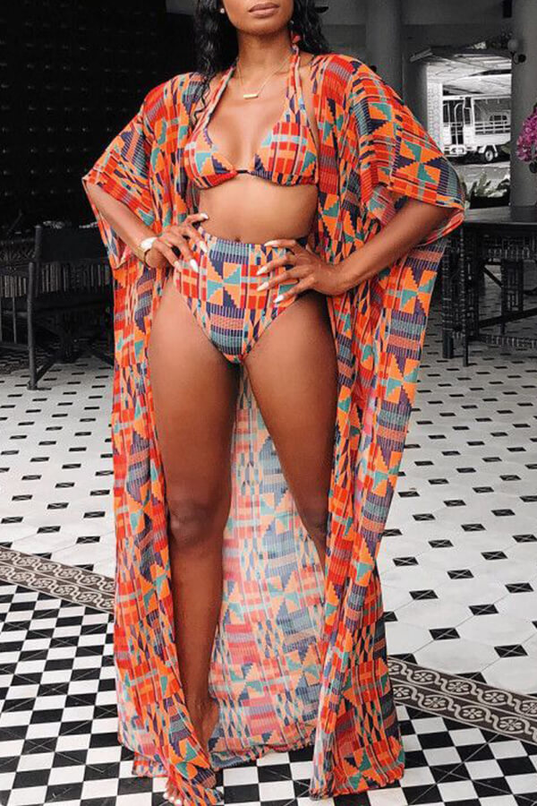 

Lovely Secy Geometric Printed Red Two-piece Swimwear(With Cover-up