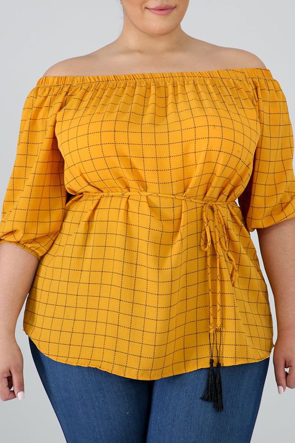

Lovely Plus-size Stylish Half Sleeves Plaid Yellow Blouses