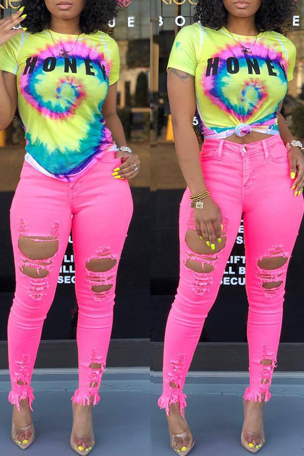

Lovely Casual High Waist Broken Holes Light Pink Jeans