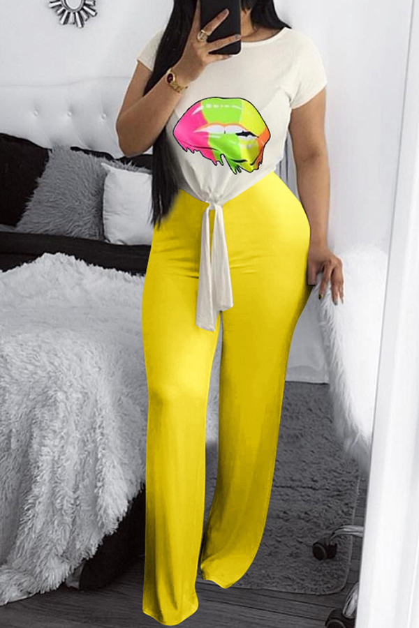 

Lovely Casual Lip Printed Yellow Two-piece Pants Set