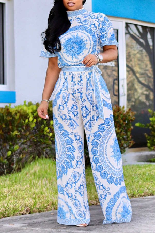 

Lovely Work Floral Printed Blue Loose Two-piece Pants Set(Without Belt)