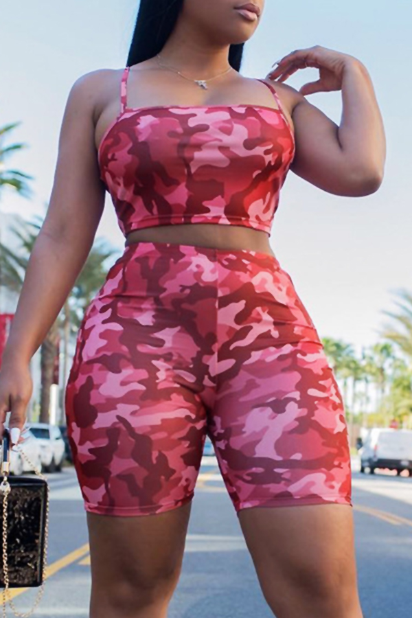 

Lovely Leisure Camouflage Printed Light Pink Two-piece Shorts Set