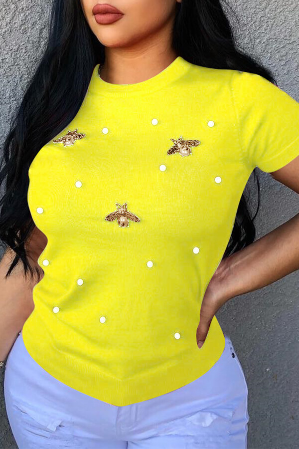 

Lovely Leisure Pearls Decoration Yellow T-shirt