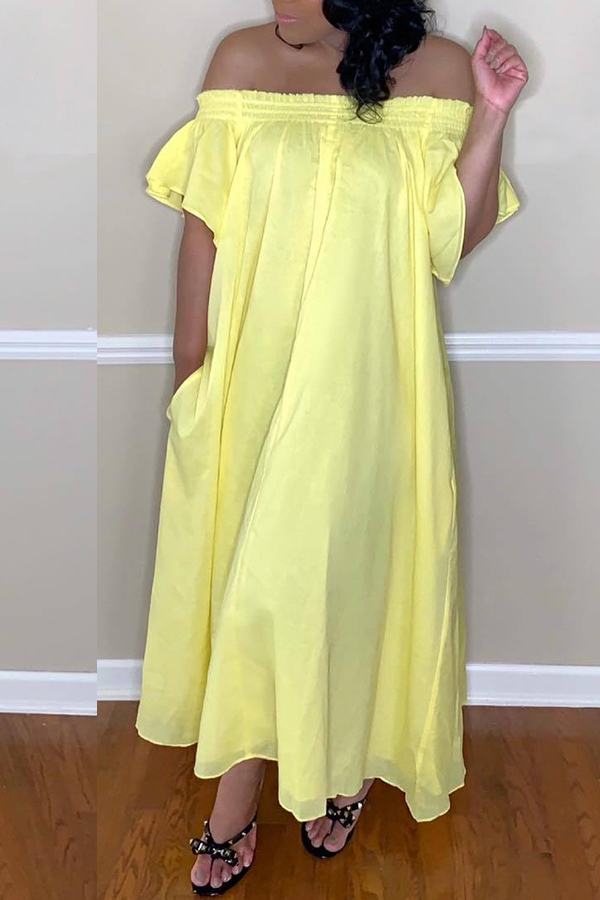 

Lovely Off The Shoulder Yellow Ankle Length Dress(With Elastic)