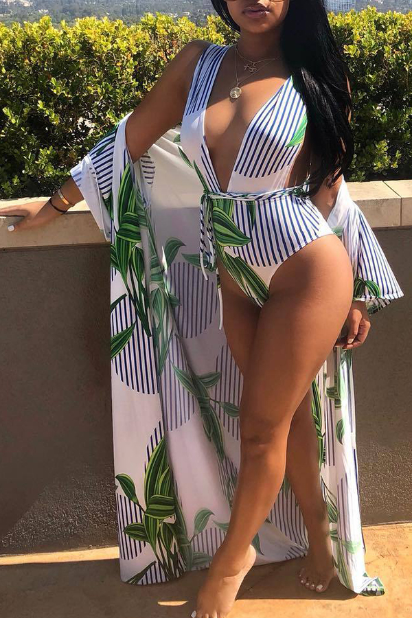 

Lovely White Striped Printed One-piece Swimwear(With Cover-up