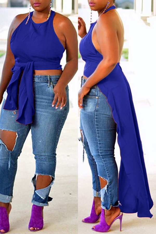 

Lovely Sexy Backless Blue Blouse