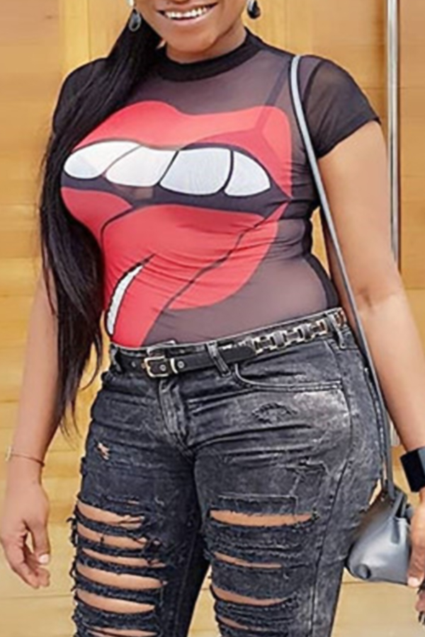 

Lovely Sexy Printed See-Though Black T-shirt