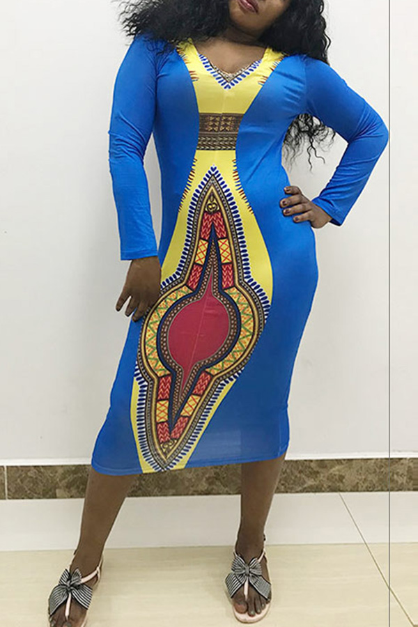 

Lovely Ethnic Style Totem Printed Blue Knee Length Dress(With Elastic)