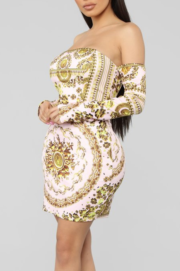 

Lovely Off The Shoulder Totem Printed White Mini Dress(With Elastic)