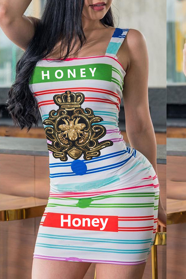 

Lovely Casual U Neck Striped Printed Mini Dress(With Elastic)