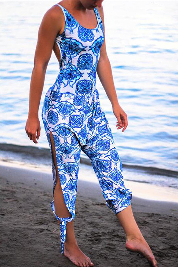 

Lovely Casual Printed Hollow-out Blue One-piece Romper(With Elastic)