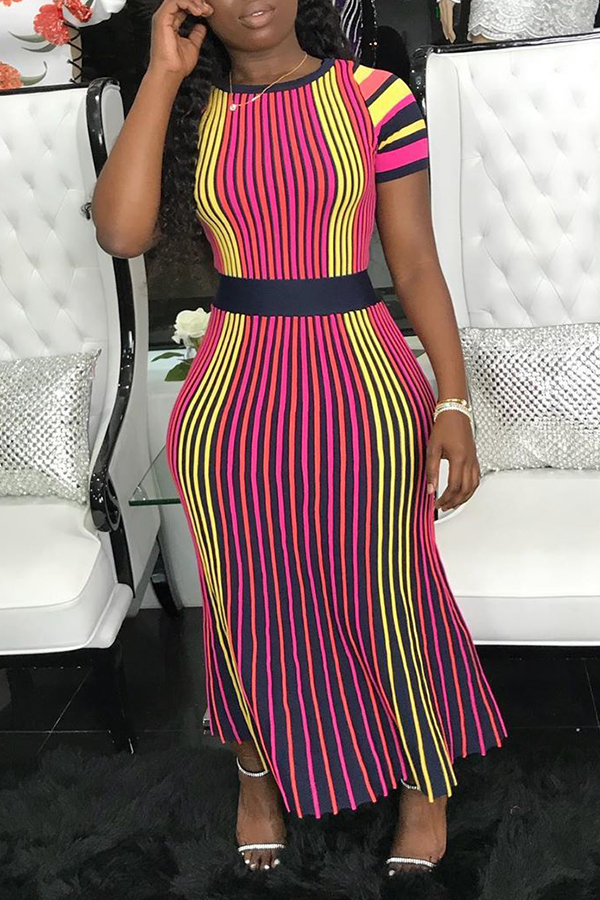 

Lovely Casual Striped Patchwork Mid Calf A Line Dress(With Elastic)