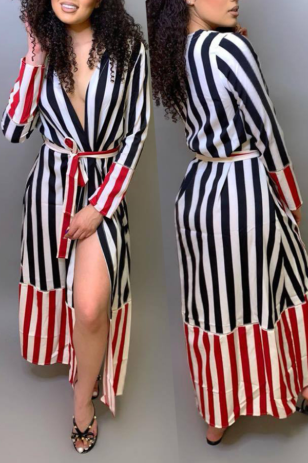 

Lovely Work Striped Lace-up Ankle Length Dress